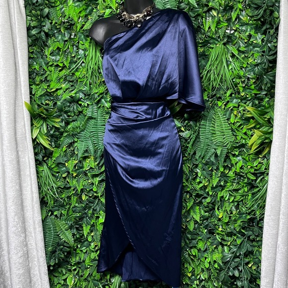 Cupshe Dresses & Skirts - CUPSHE Dress Medium Navy Blue One Shoulder Ruched Midi Cocktail Party 3302‎